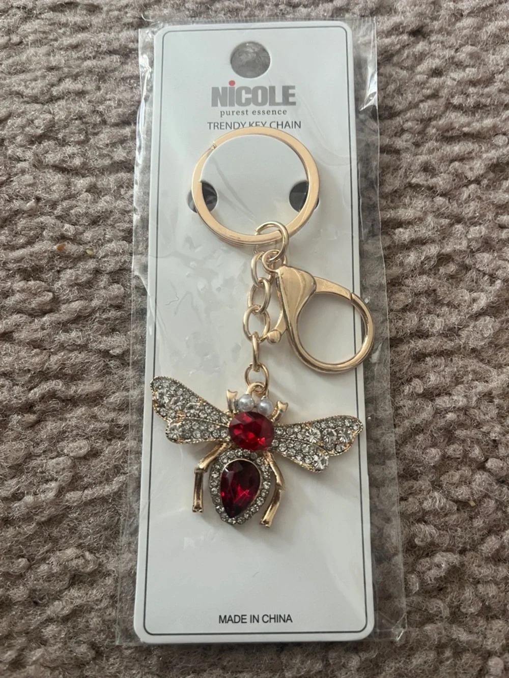 Nicole Gold Bee Keychain with Red and Clear Crystals